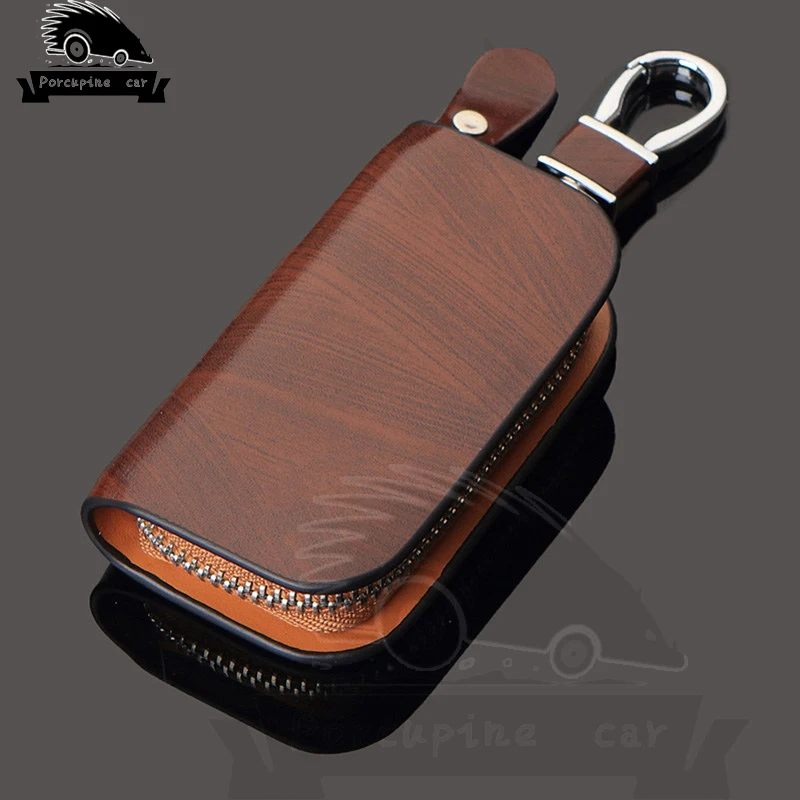 Key Holder Leather Pouch - Houtnerf lederen autosleutelhouder cover sleutel portemonnee